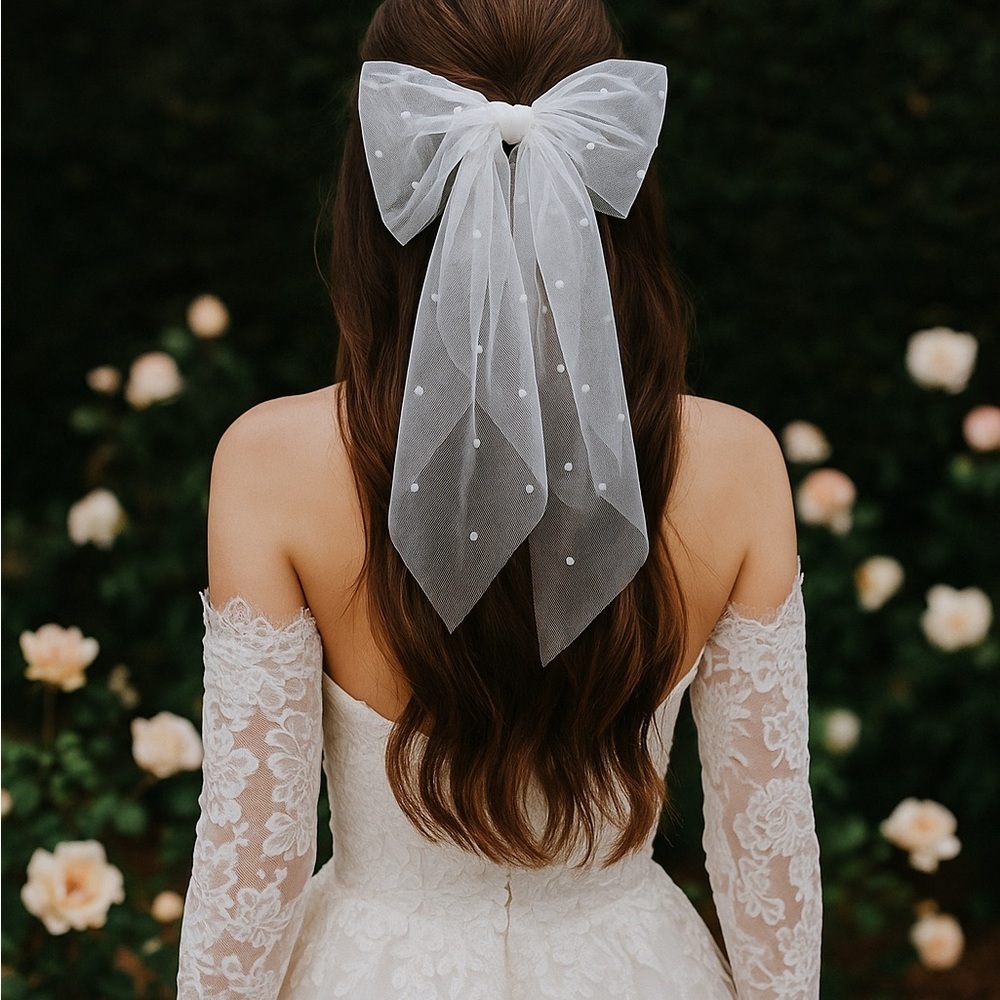 Pearl Tulle Bridal Bow | Polka Dot Veil Clip | Romantic Bride Hair